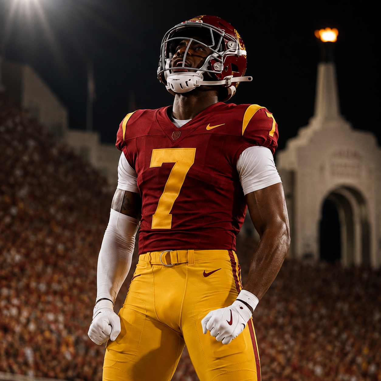 Current USC Trojans football player in cardinal and gold