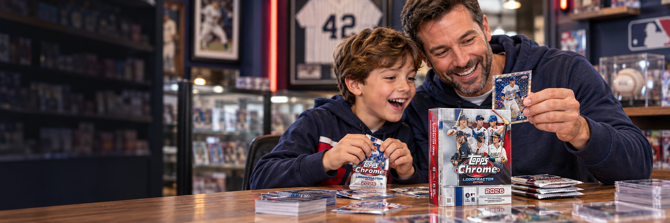 Father and son opening 2026 Topps Chrome baseball cards together